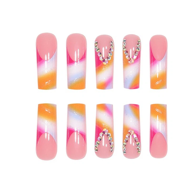 Rhinestone With Mixed Pink Color False Nails